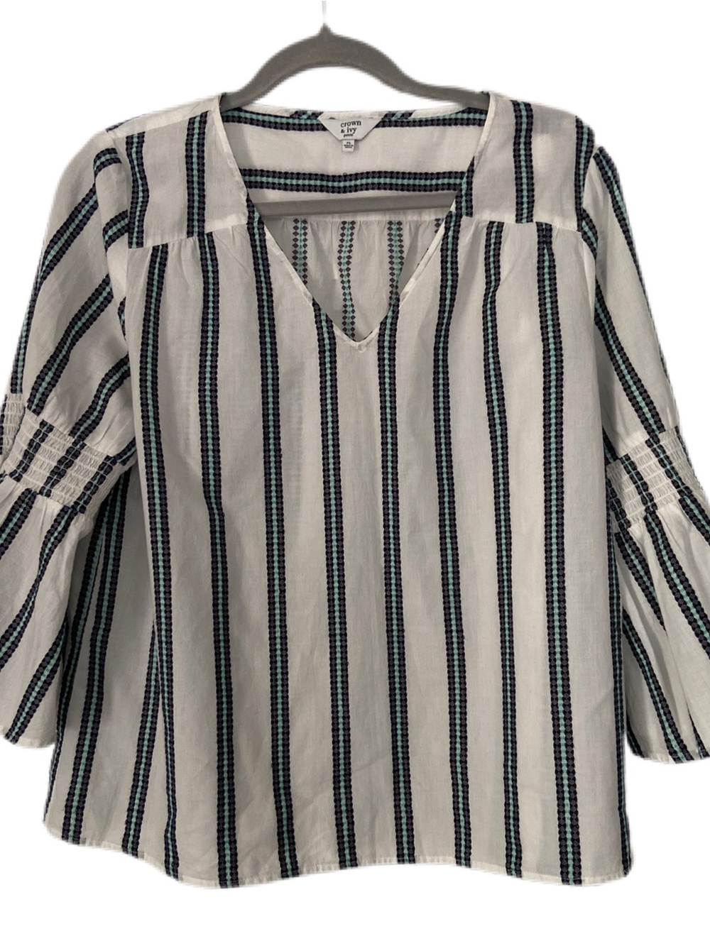 Crown & Ivy Soft White Boxy Top with Gray and Teal Stripes Size Petite Large